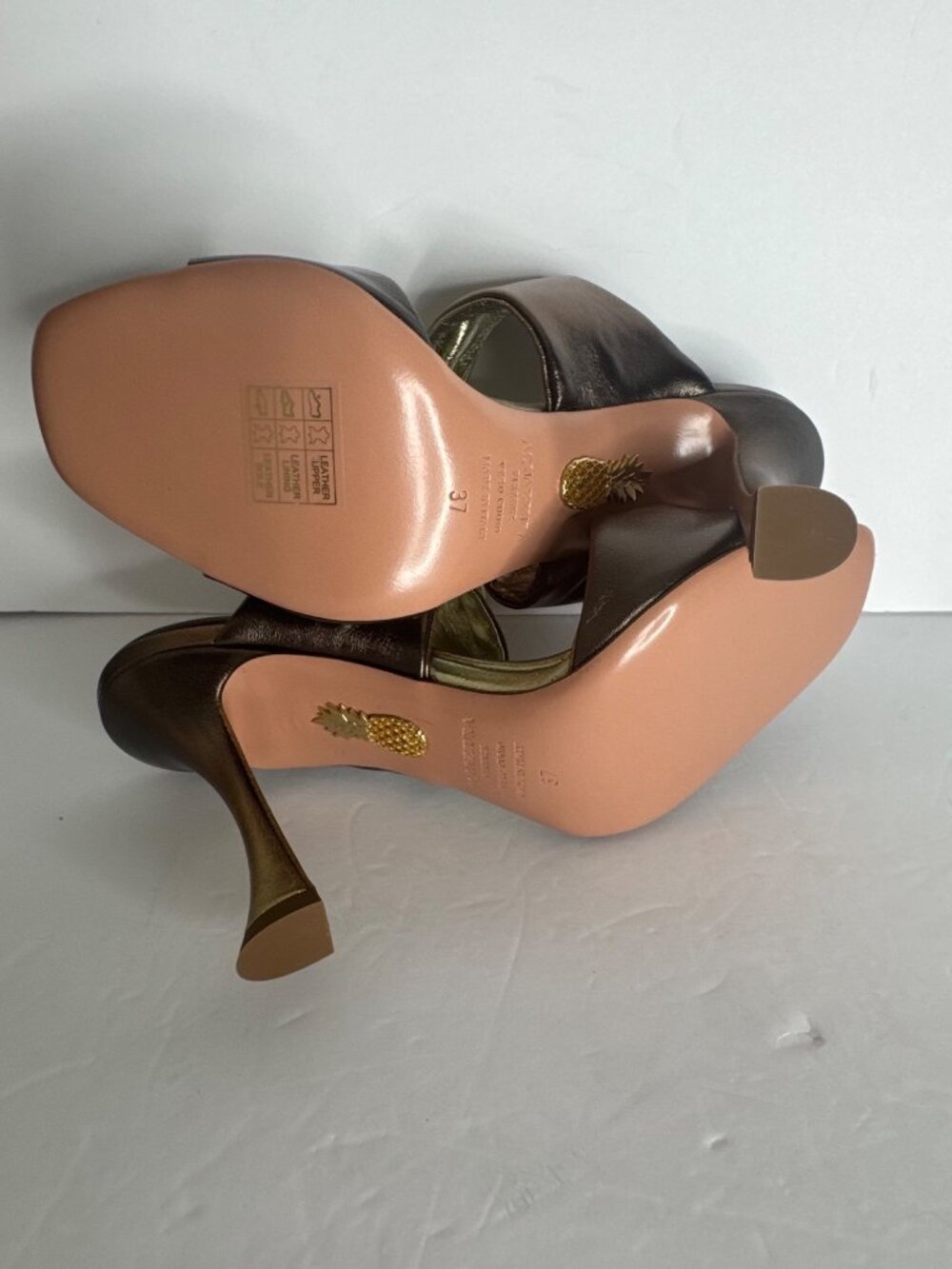 NIB Aquazzura Twist Sandal 95 in Gold Chocolate Flared Heel Size EU 37 - Picture 9 of 10